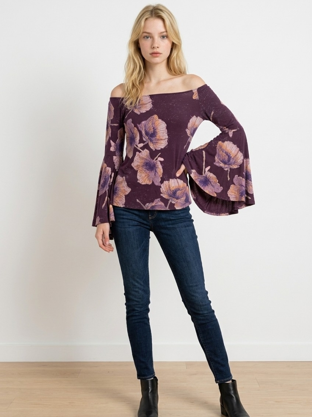 Off-Shoulder Bell Sleeve Floral Top in Plum
